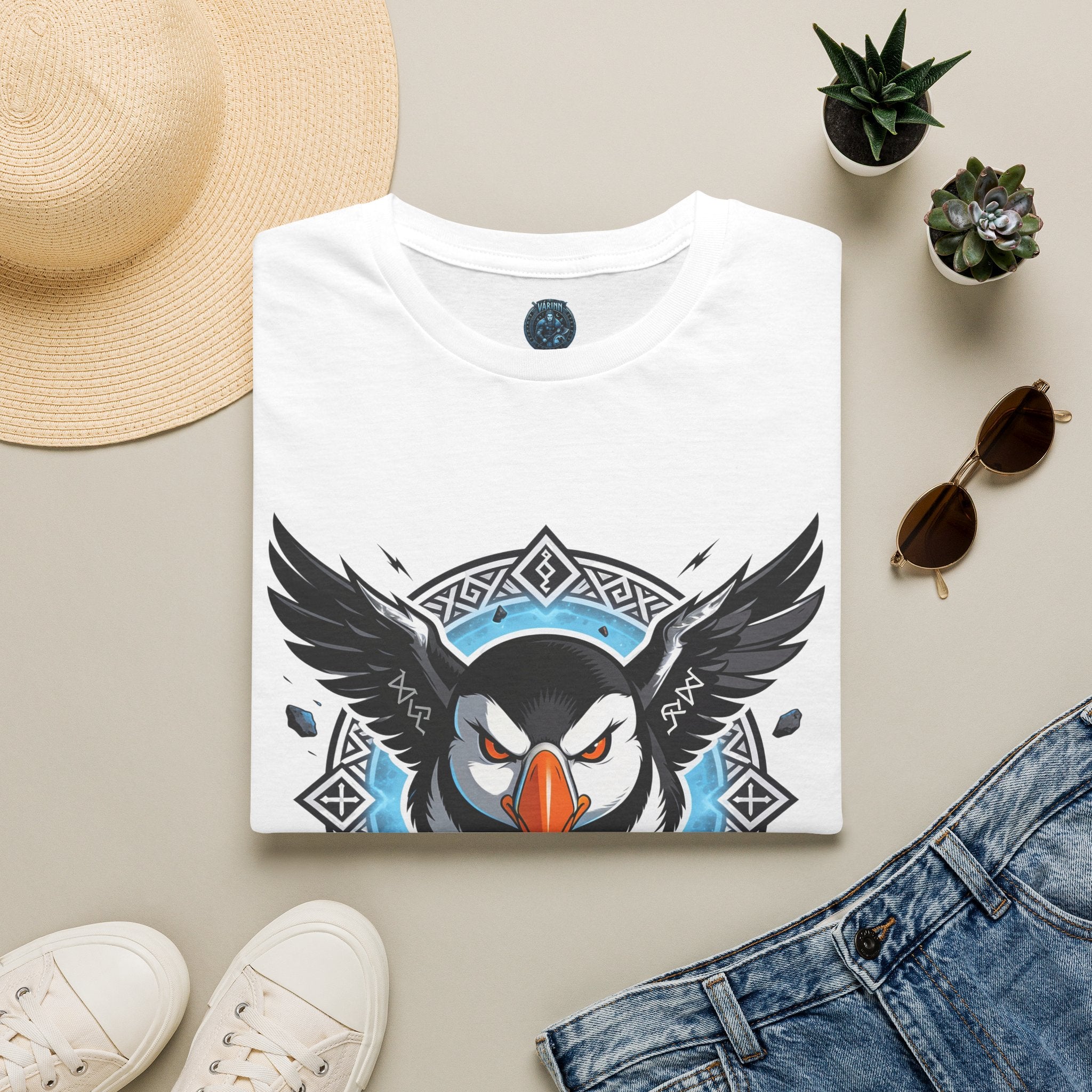 Viking Puffin T-Shirt — Bold Nordic Bird Graphic with "Várinn" Text