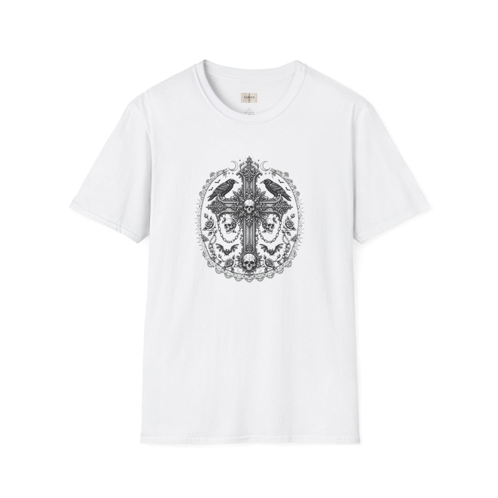 Gothic Cross T-Shirt — Raven Skull Ornate Graphic