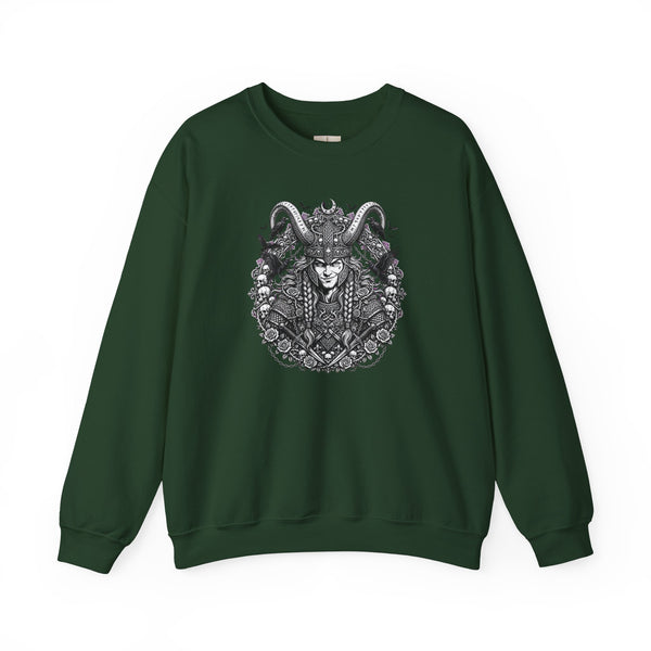 Occult Goat-Heads Crewneck Sweatshirt — Vintage Pagan Skull & Horned Deity Design