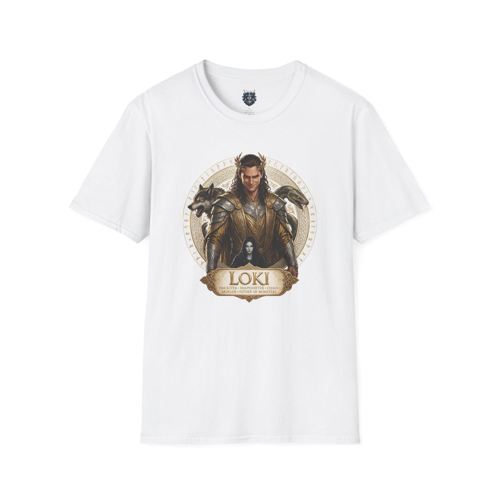 Loki Illustration T‑Shirt — Mythic Norse God Design with Wolves