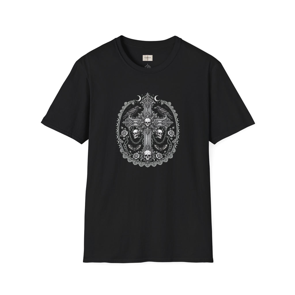 Gothic Cross T-Shirt — Raven Skull Ornate Graphic