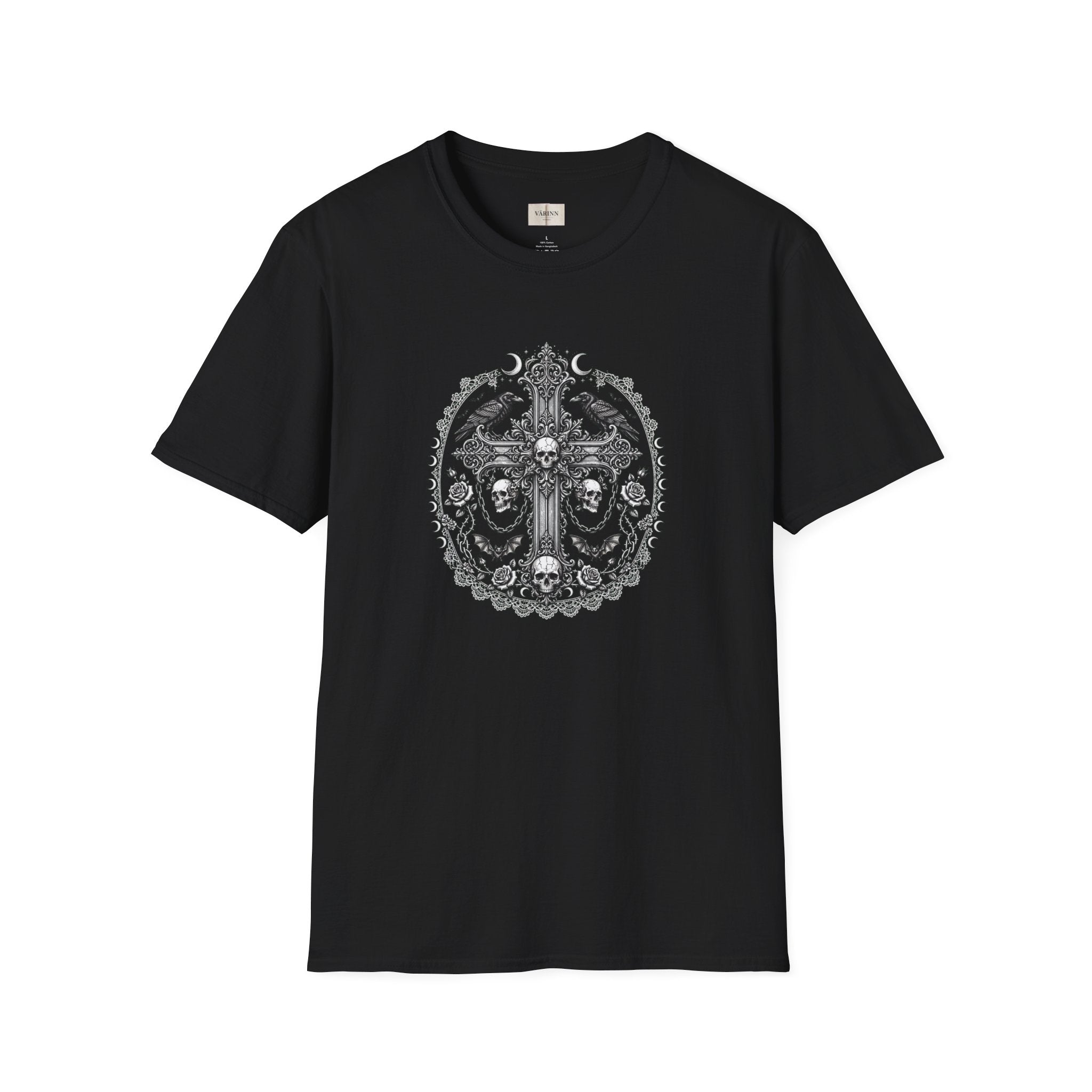 Gothic Cross T-Shirt — Raven Skull Ornate Graphic