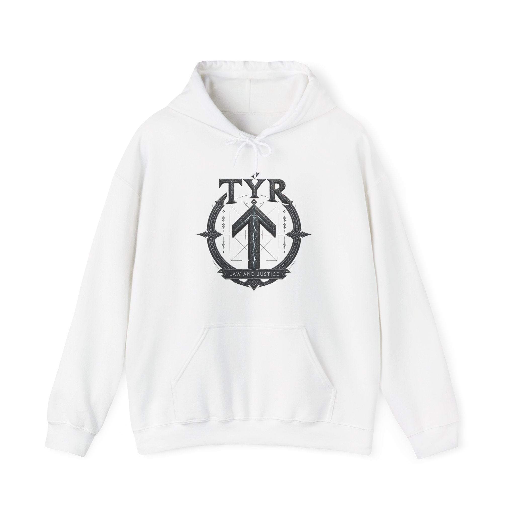 Tyr Viking Hoodie — Norse Rune Shield Graphic Hooded Sweatshirt