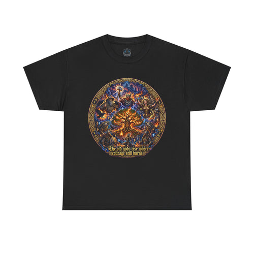 Cosmic Tree of Life Tee — 'The old gods rise; where courage will harvest' Graphic T‑Shirt