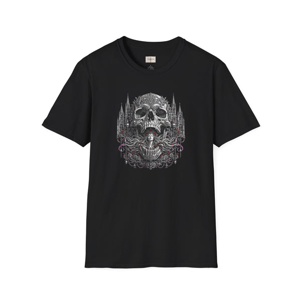 Skull Cathedral T-Shirt — Gothic Skull & Witch Illustration
