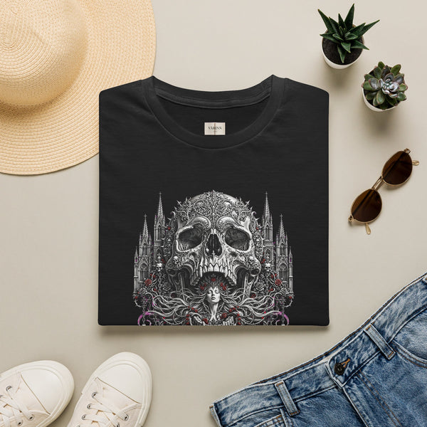 Skull Cathedral T-Shirt — Gothic Skull & Witch Illustration