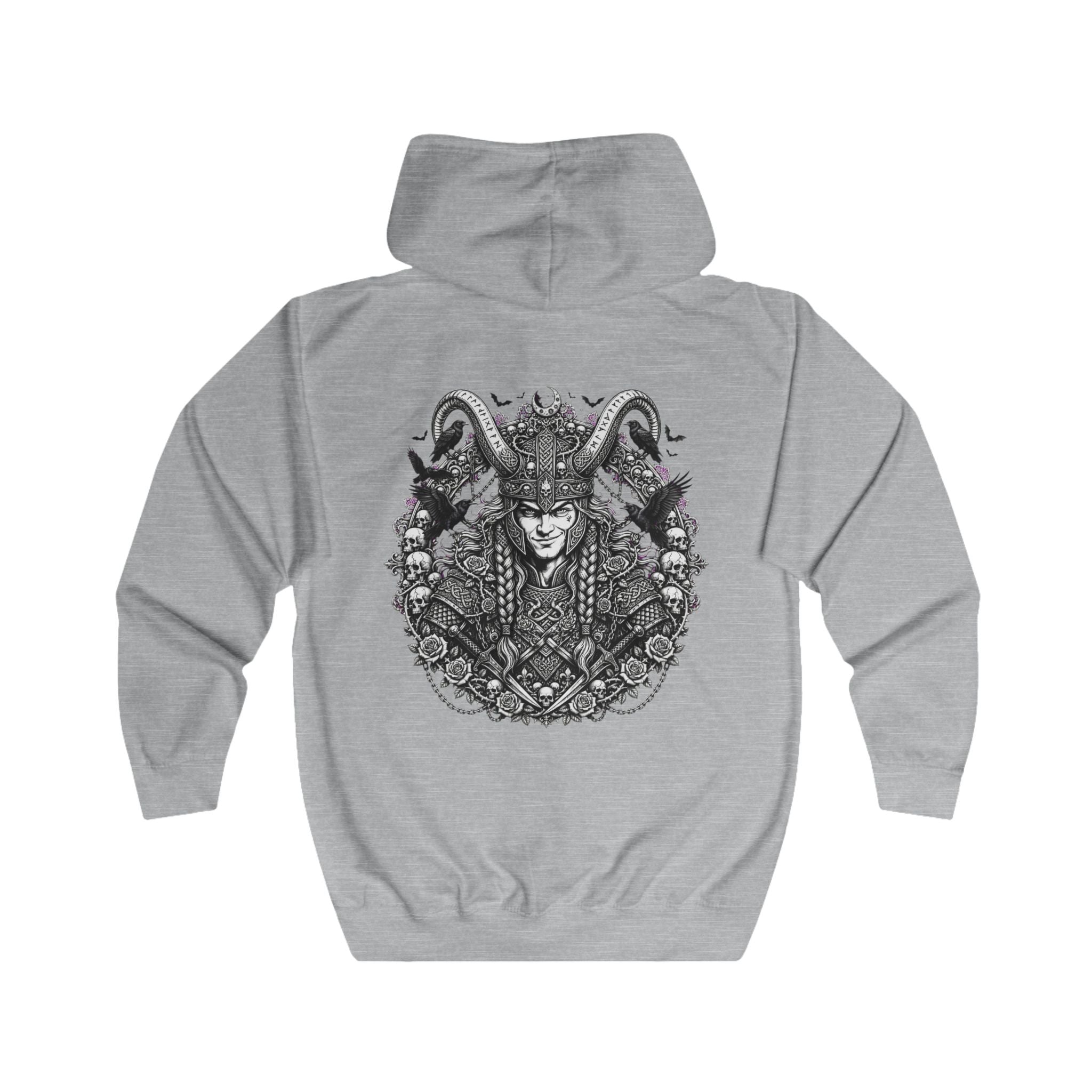 Viking Horned Warrior Zip Hoodie — Norse Helmet Graphic Full-Zip