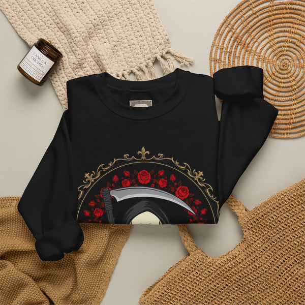 Grim Reaper Floral Crewneck Sweatshirt — "Wheeling Morte" Gothic Skull Pullover
