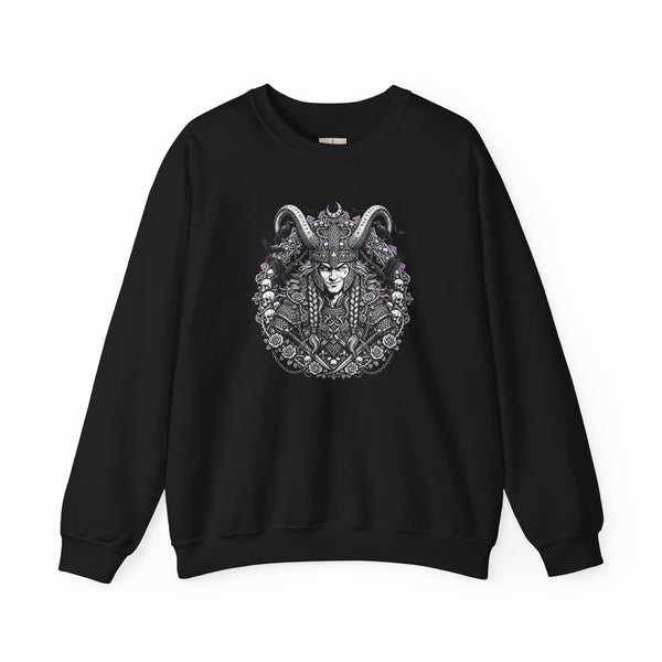 Occult Goat-Heads Crewneck Sweatshirt — Vintage Pagan Skull & Horned Deity Design