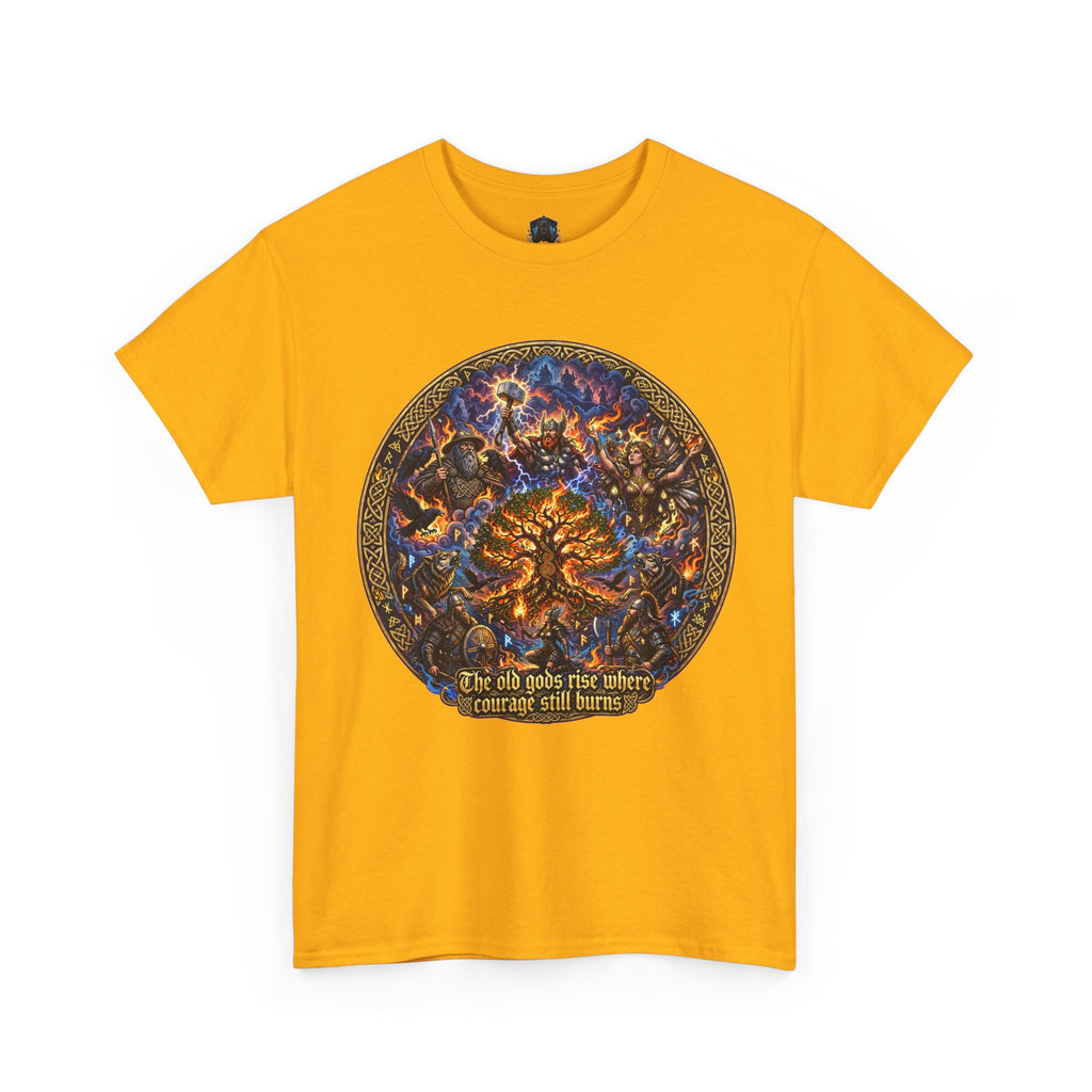 Cosmic Tree of Life Tee — 'The old gods rise; where courage will harvest' Graphic T‑Shirt