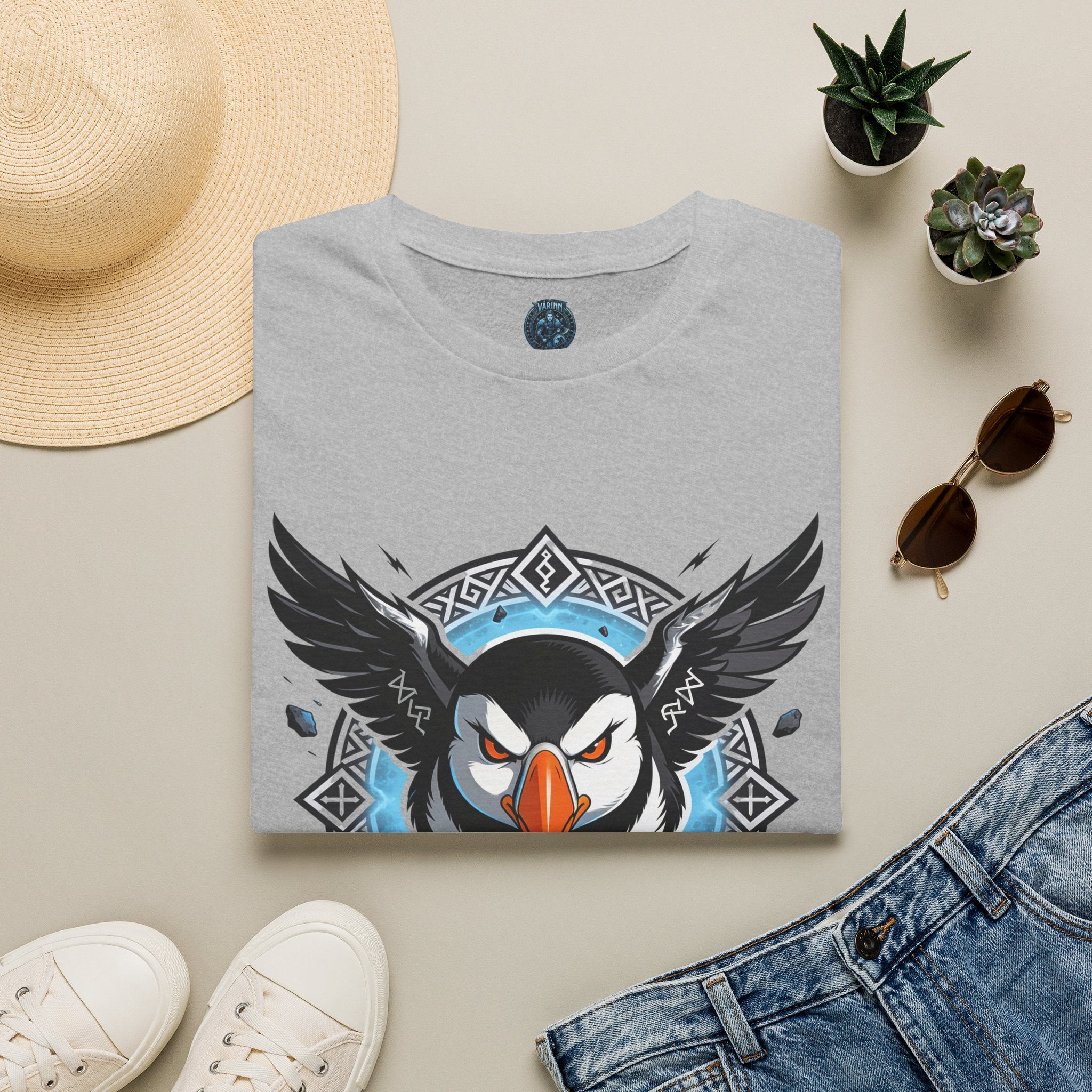 Viking Puffin T-Shirt — Bold Nordic Bird Graphic with "Várinn" Text