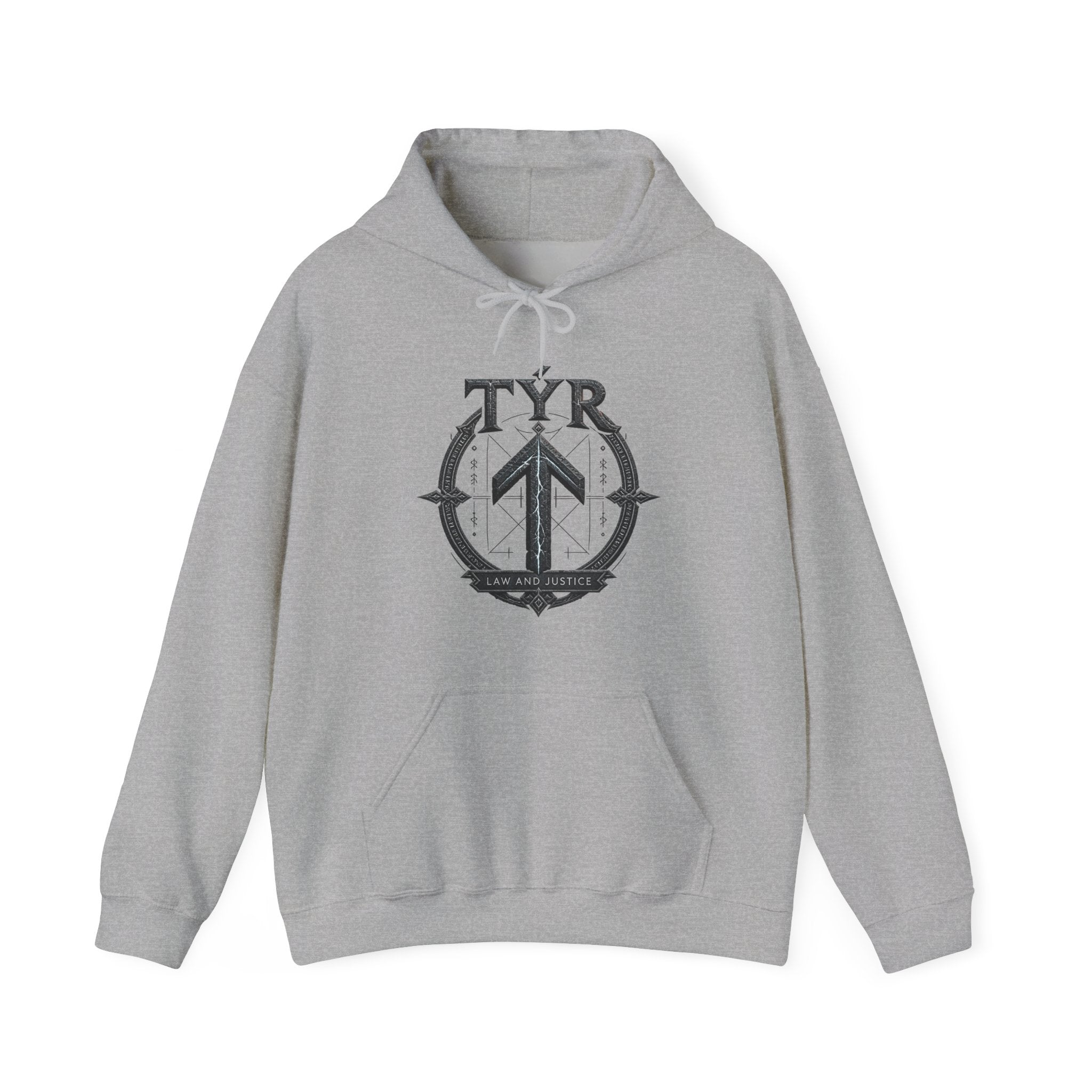 Tyr Viking Hoodie — Norse Rune Shield Graphic Hooded Sweatshirt