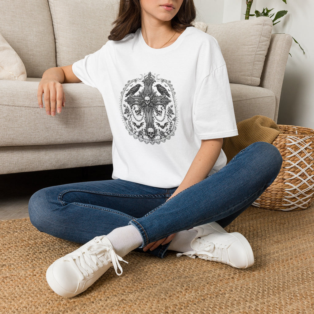 Gothic Cross T-Shirt — Raven Skull Ornate Graphic