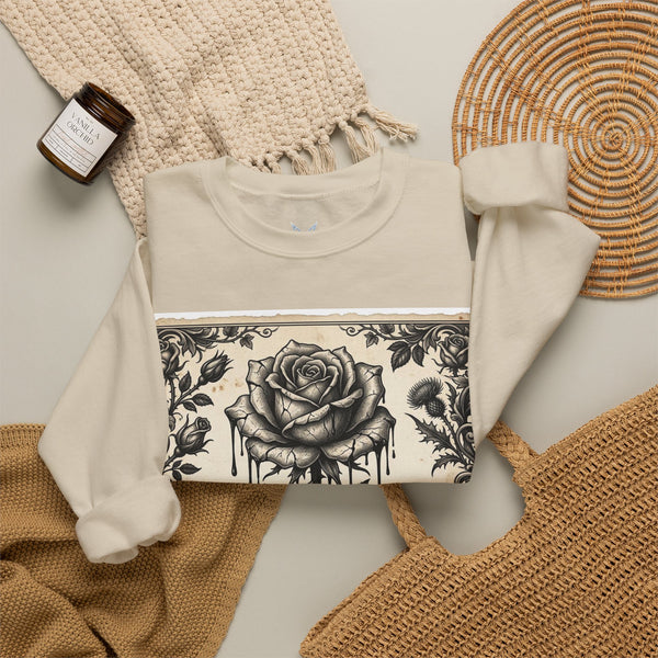 Crewneck Sweatshirt — The Broken Blossom Vintage Rose Graphic (Cracked Petals & Dripping Ink)