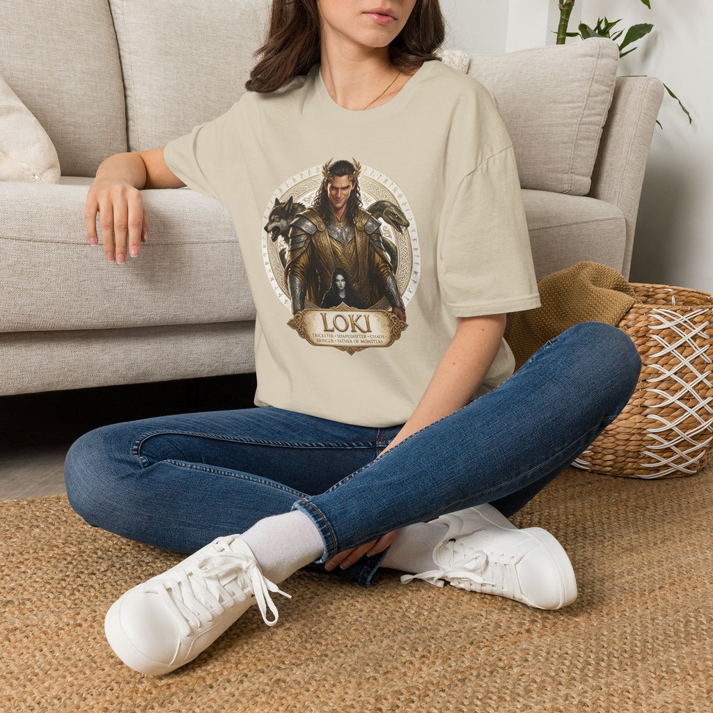 Loki Illustration T‑Shirt — Mythic Norse God Design with Wolves
