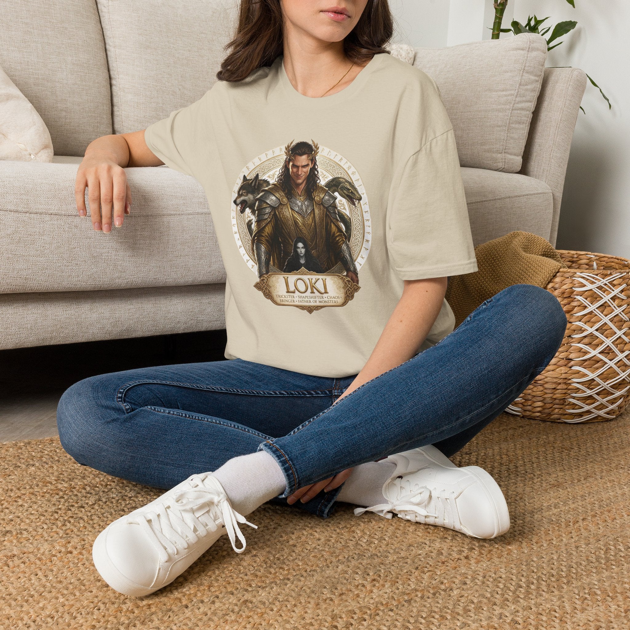 Loki Illustration T‑Shirt — Mythic Norse God Design with Wolves