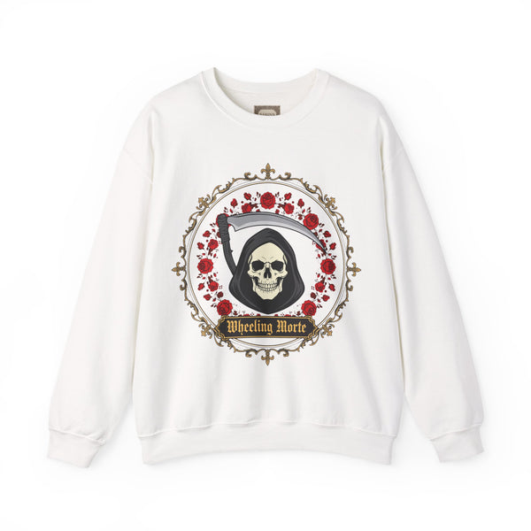 Grim Reaper Floral Crewneck Sweatshirt — "Wheeling Morte" Gothic Skull Pullover