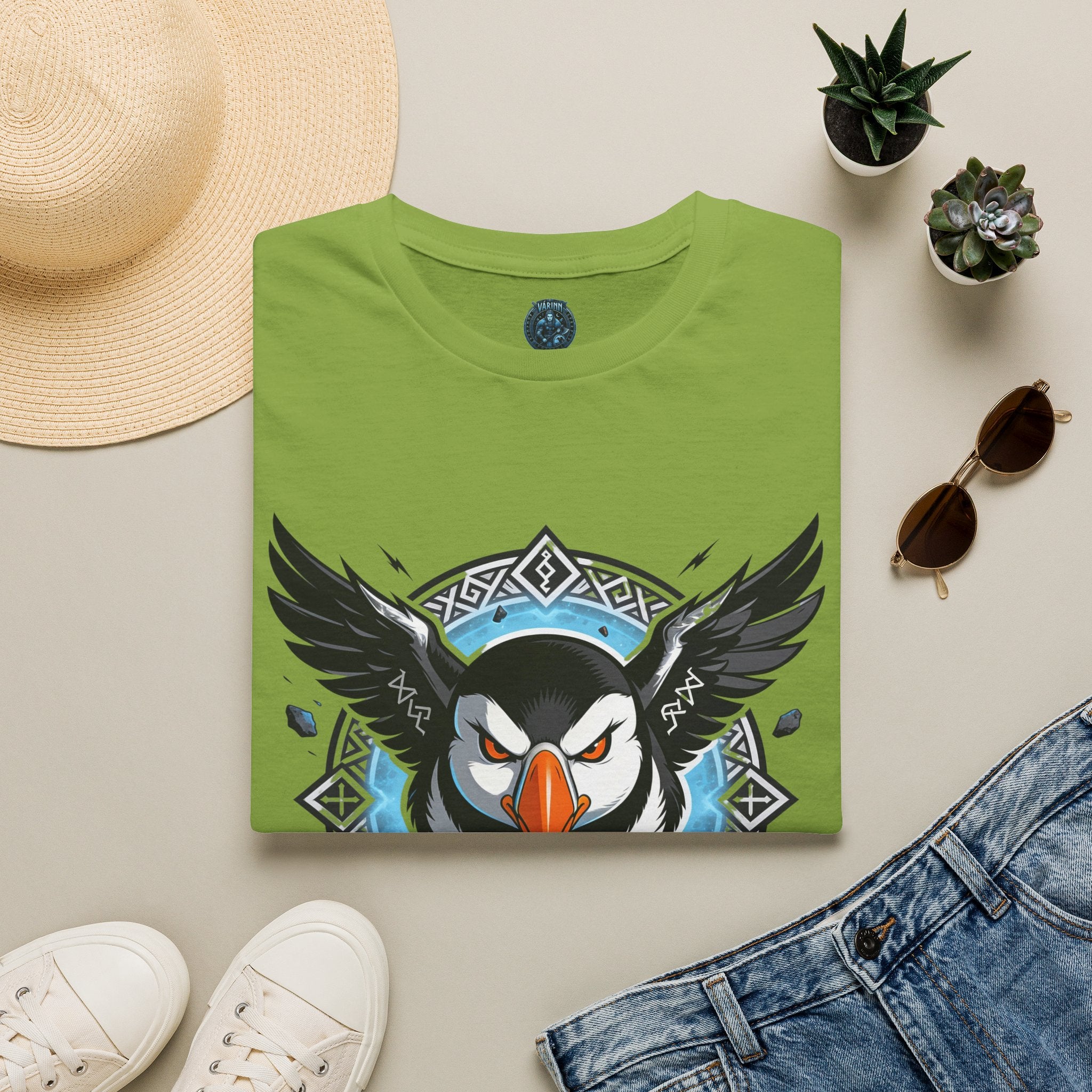 Viking Puffin T-Shirt — Bold Nordic Bird Graphic with "Várinn" Text