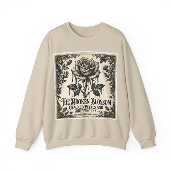 Crewneck Sweatshirt — The Broken Blossom Vintage Rose Graphic (Cracked Petals & Dripping Ink)