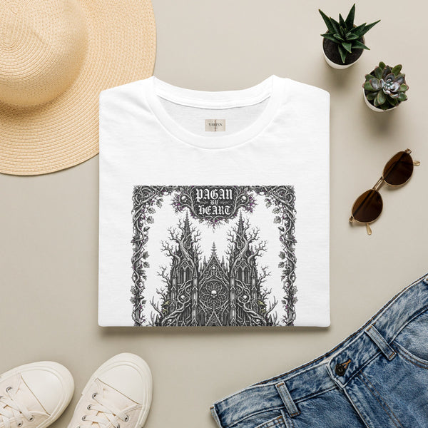 Pagan Heart Gothic Tee — Intricate Black Cathedral Illustration