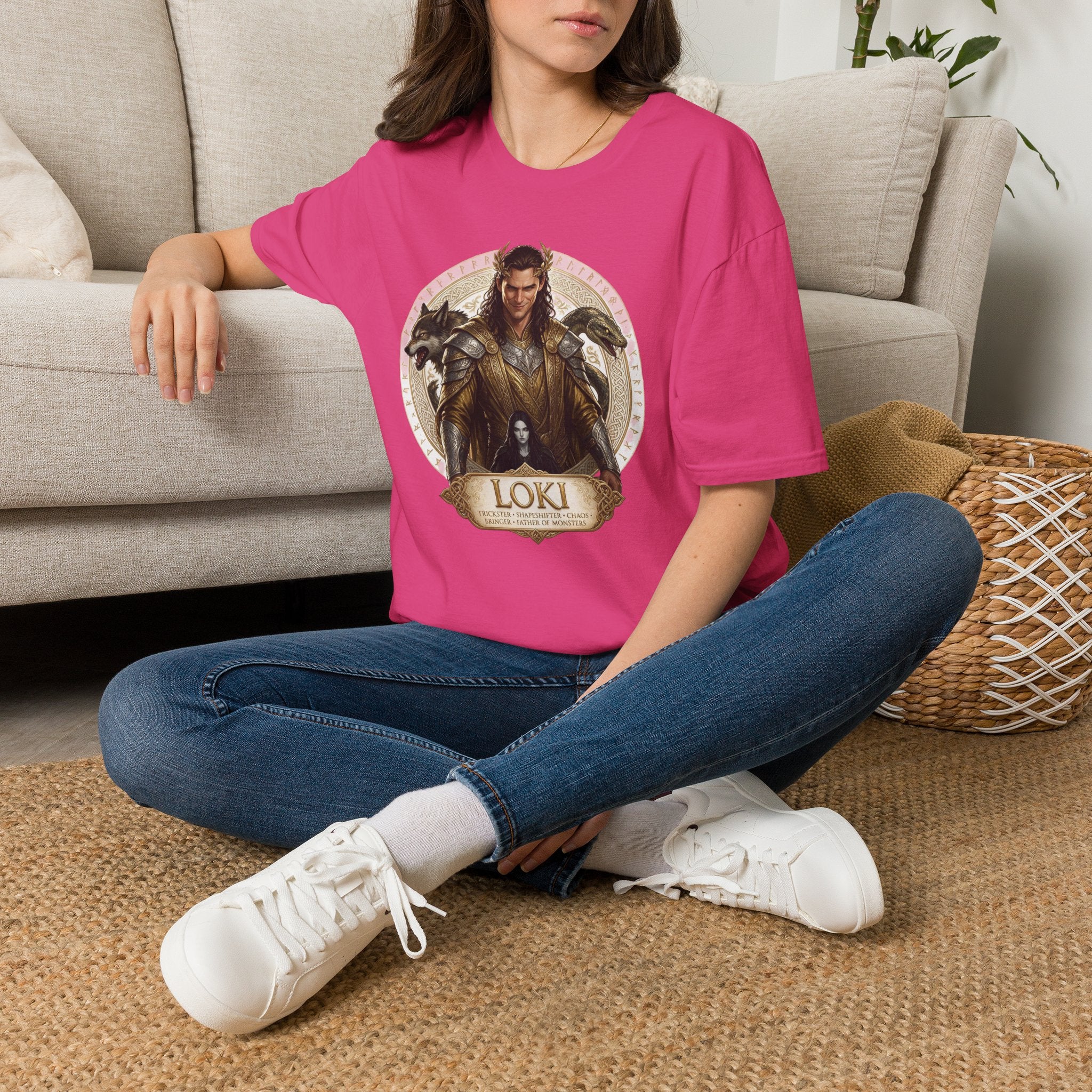 Loki Illustration T‑Shirt — Mythic Norse God Design with Wolves