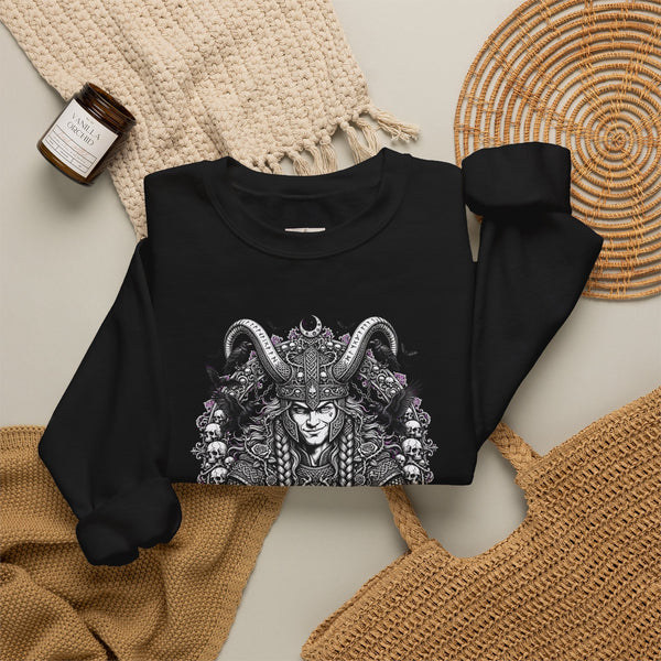 Occult Goat-Heads Crewneck Sweatshirt — Vintage Pagan Skull & Horned Deity Design