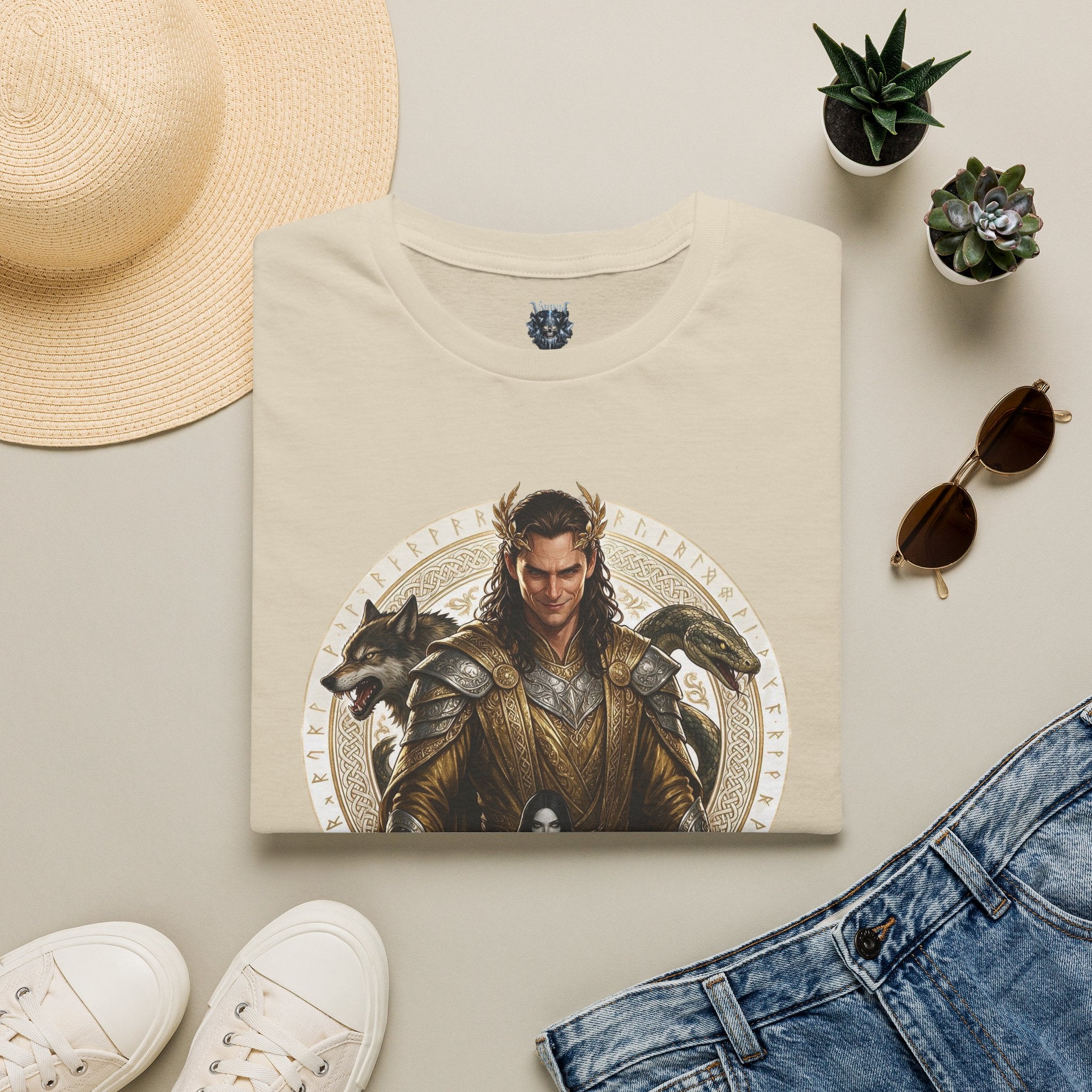 Loki Illustration T‑Shirt — Mythic Norse God Design with Wolves