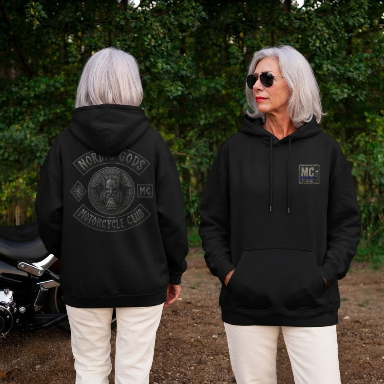 Nordic Gods Motorcycle Club Sweatshirt — Viking Helmet Back Patch Crewneck