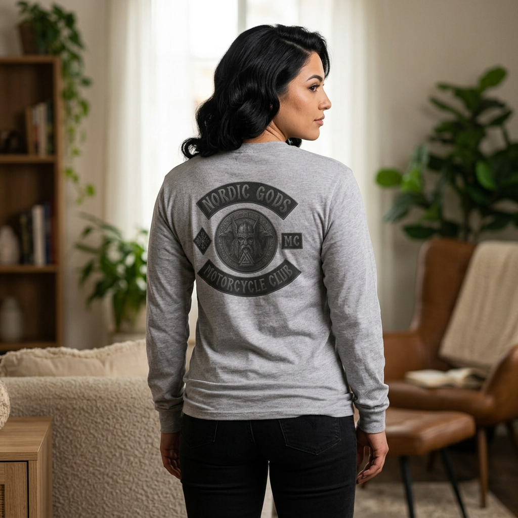 Nordic Gods Motorcycle Club Long Sleeve Tee — Viking Helmet Crest