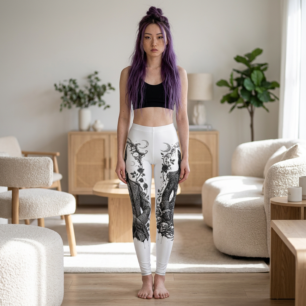 Mystic Snake & Moon Floral Leggings — Black Gothic Yoga Tights