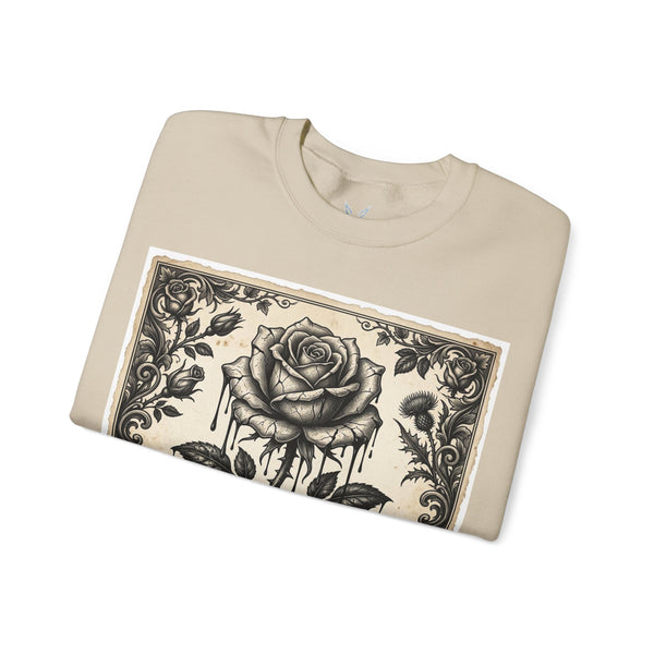 Crewneck Sweatshirt — The Broken Blossom Vintage Rose Graphic (Cracked Petals & Dripping Ink)