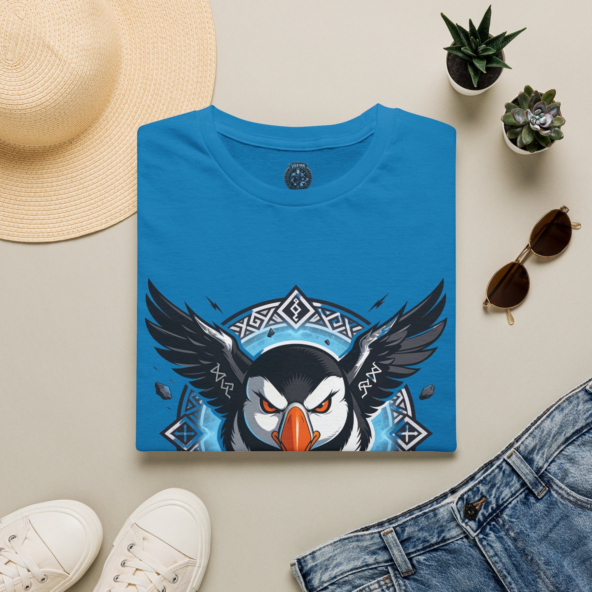 Viking Puffin T-Shirt — Bold Nordic Bird Graphic with "Várinn" Text