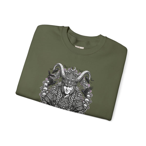 Occult Goat-Heads Crewneck Sweatshirt — Vintage Pagan Skull & Horned Deity Design