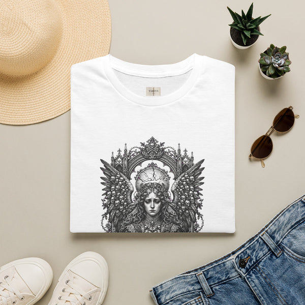 Angel of Thrones Graphic T-Shirt — Gothic Guardian Illustration Tee