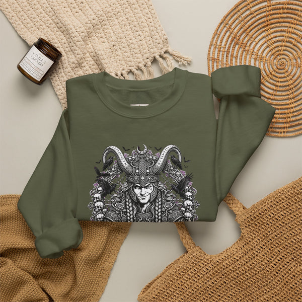 Occult Goat-Heads Crewneck Sweatshirt — Vintage Pagan Skull & Horned Deity Design
