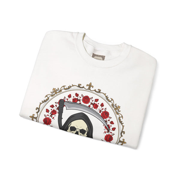 Grim Reaper Floral Crewneck Sweatshirt — "Wheeling Morte" Gothic Skull Pullover