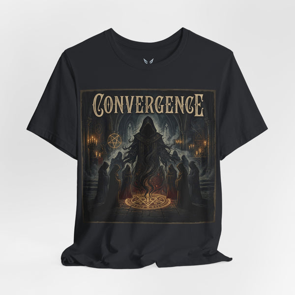 Convergence Band Tee — Dark Ritual Hooded Figure Concert T‑Shirt