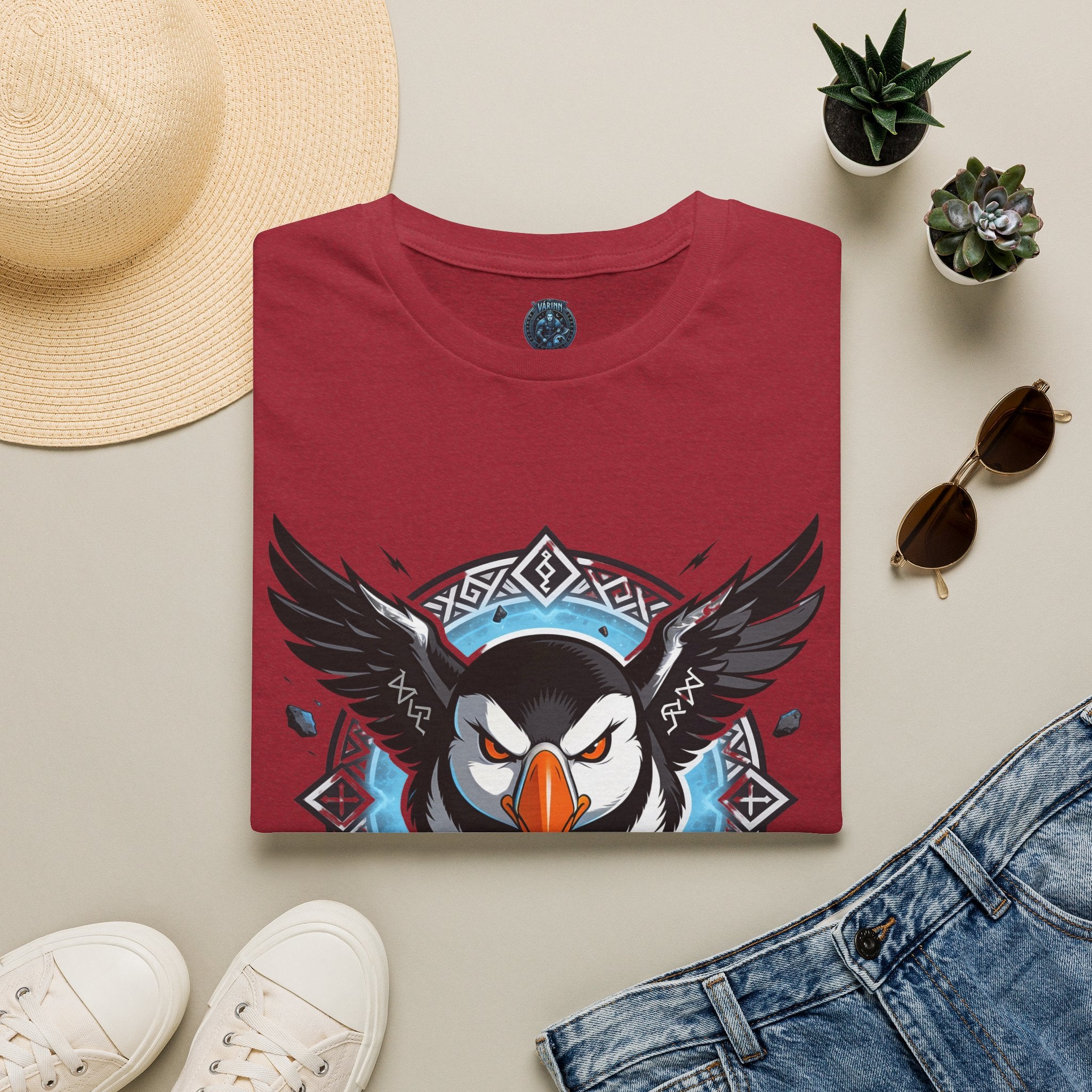 Viking Puffin T-Shirt — Bold Nordic Bird Graphic with "Várinn" Text