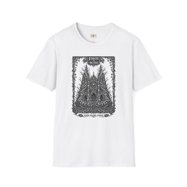 Pagan Heart Gothic Tee — Intricate Black Cathedral Illustration