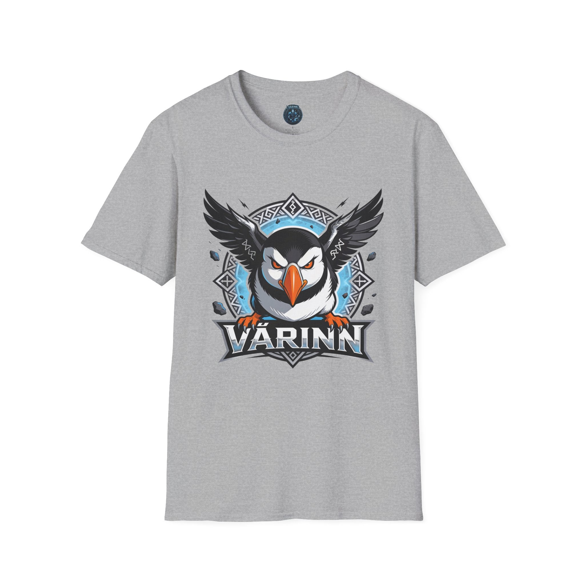 Viking Puffin T-Shirt — Bold Nordic Bird Graphic with "Várinn" Text