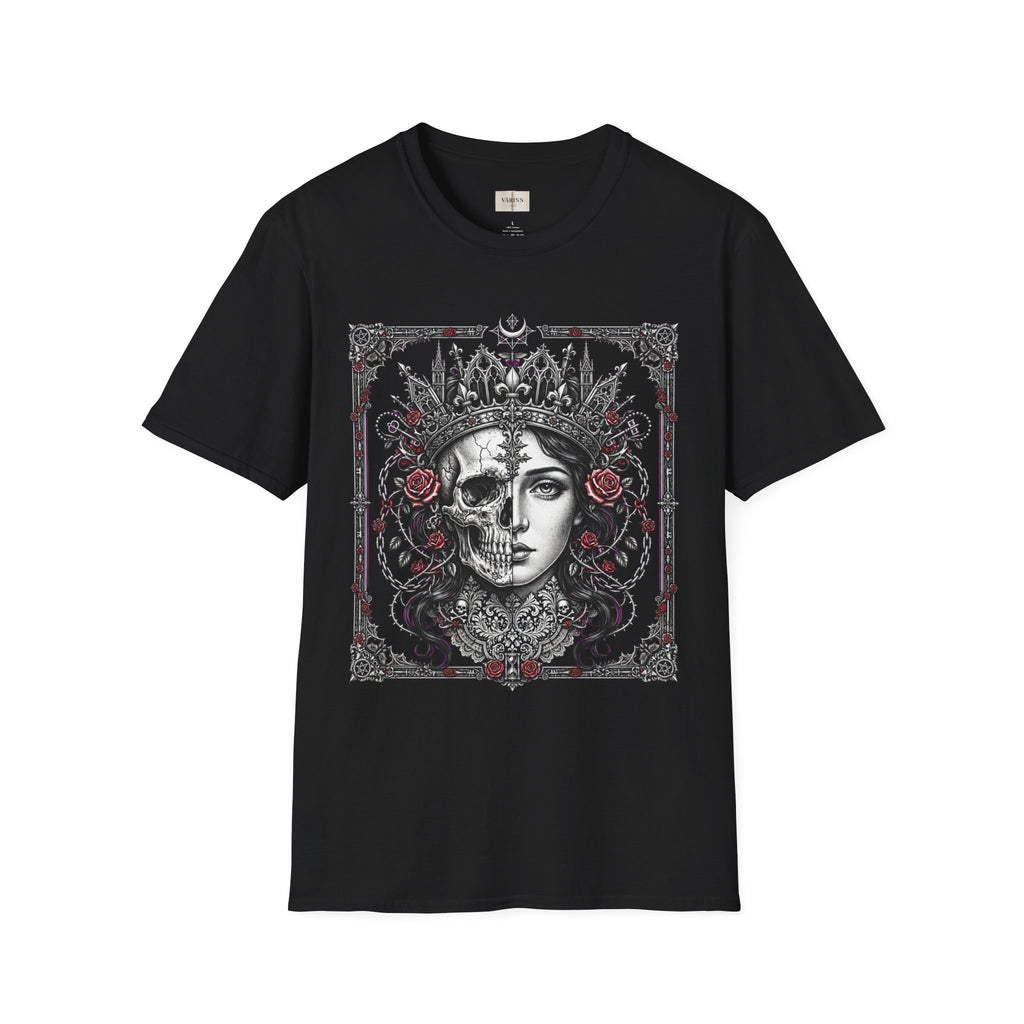 Gothic Queen Skull T-Shirt — Crowned Woman with Roses Graphic