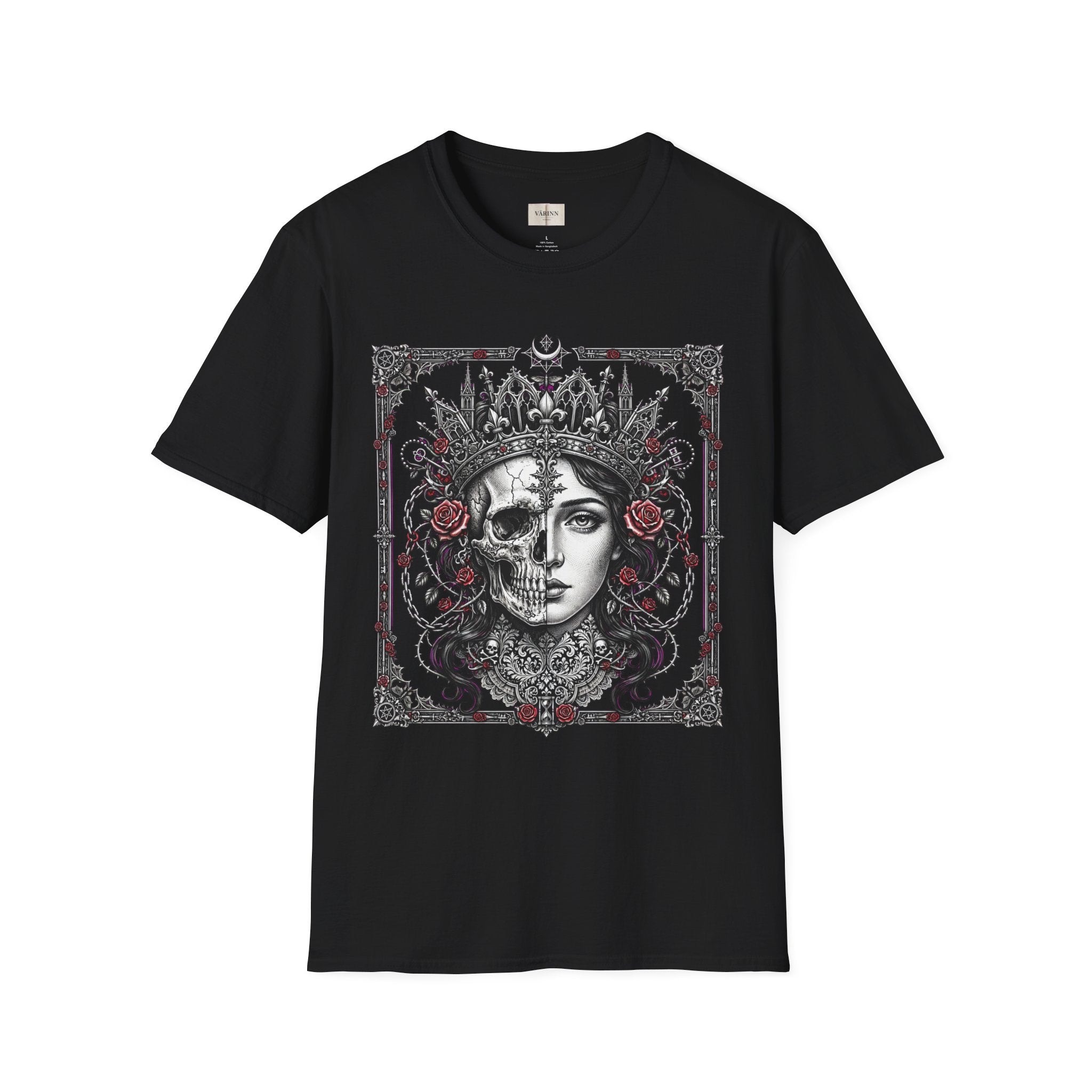 Gothic Queen Skull T-Shirt — Crowned Woman with Roses Graphic