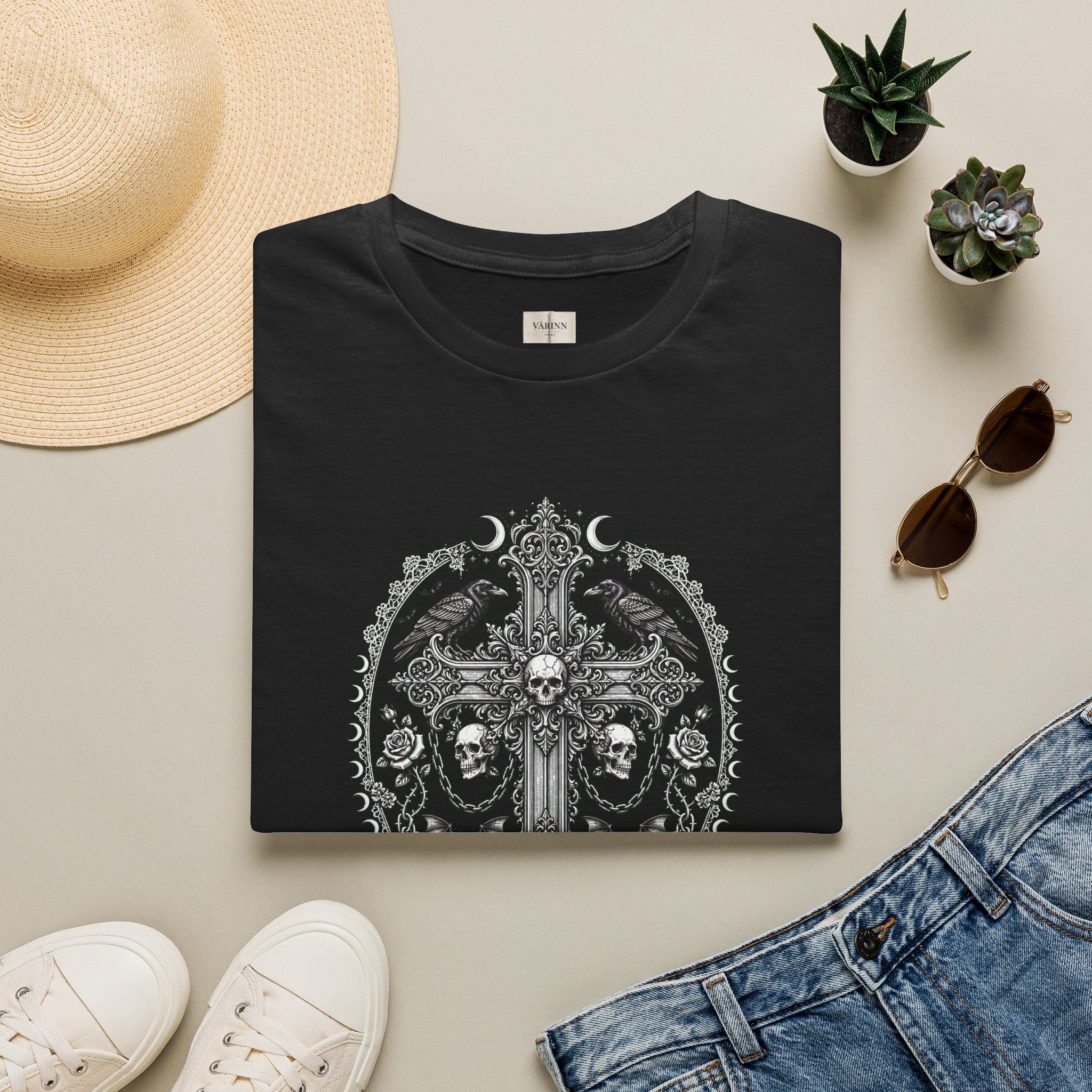 Gothic Cross T-Shirt — Raven Skull Ornate Graphic