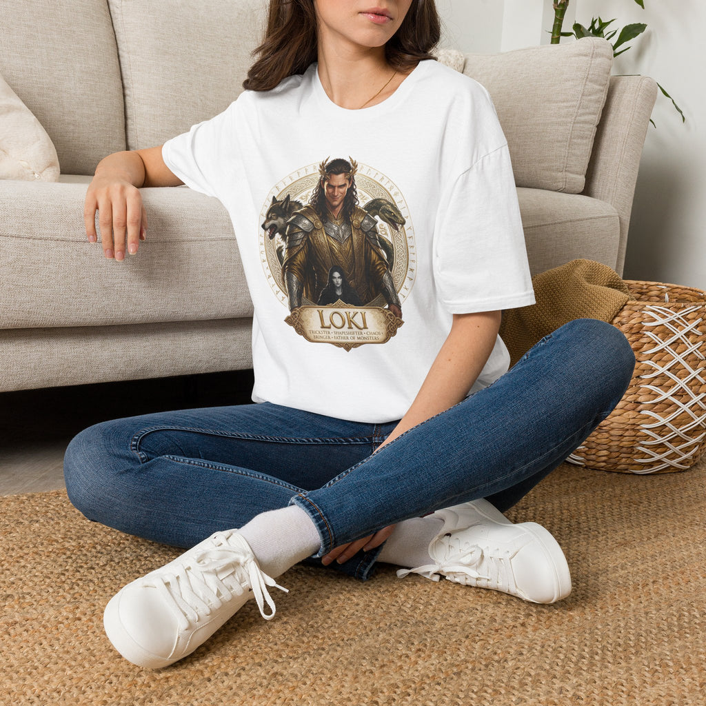 Loki Illustration T‑Shirt — Mythic Norse God Design with Wolves