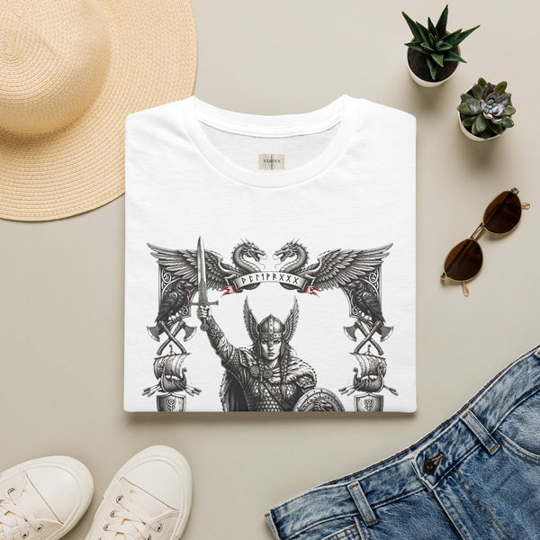 Viking Warrior Graphic T-Shirt — Norse Shieldmaiden Design