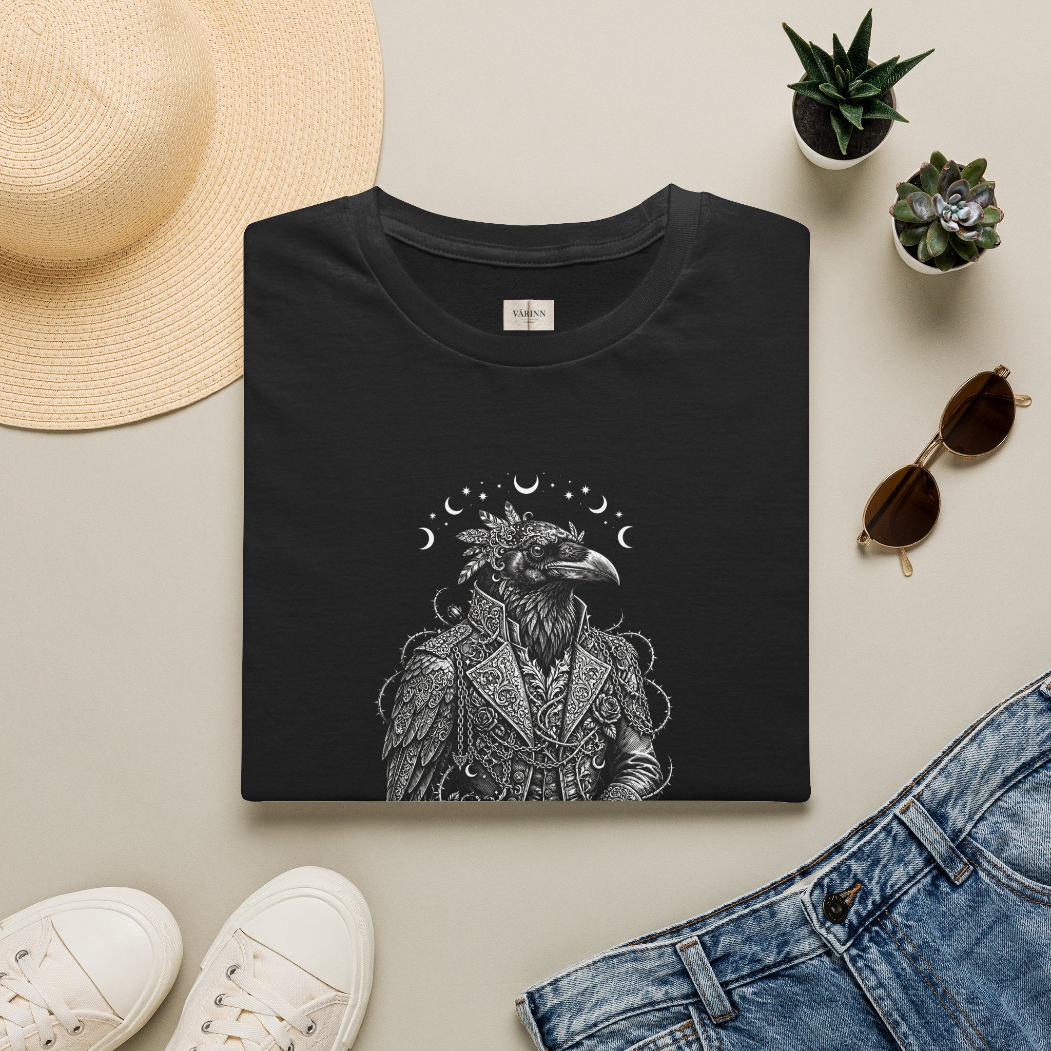 Raven Gentleman Illustration T‑Shirt — Mystic Moon Phases Goth Tee