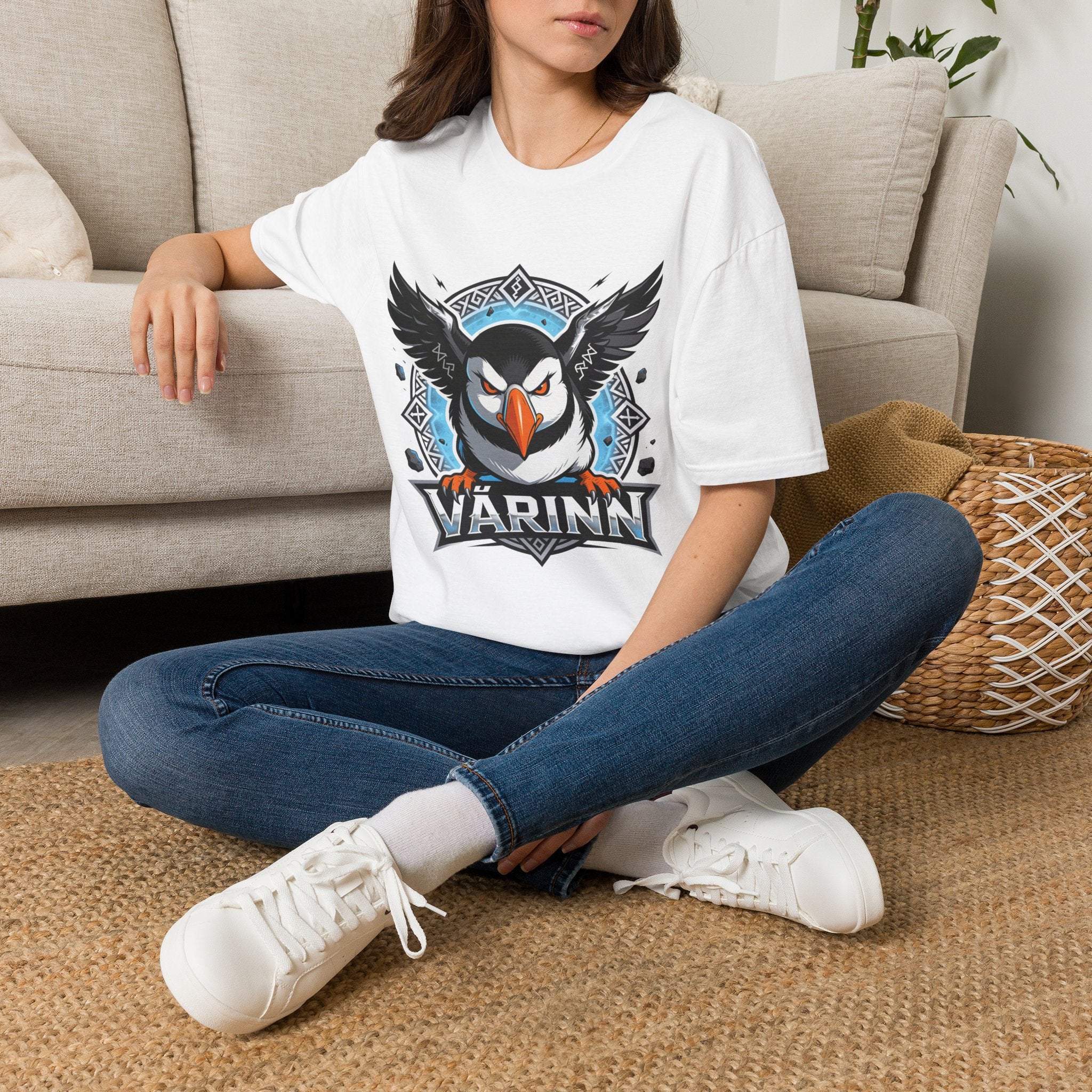 Viking Puffin T-Shirt — Bold Nordic Bird Graphic with "Várinn" Text