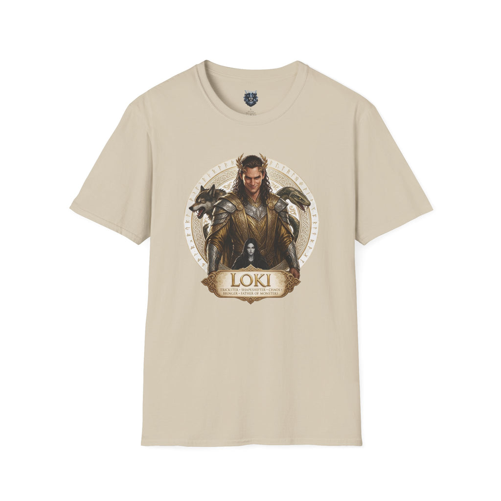 Loki Illustration T‑Shirt — Mythic Norse God Design with Wolves