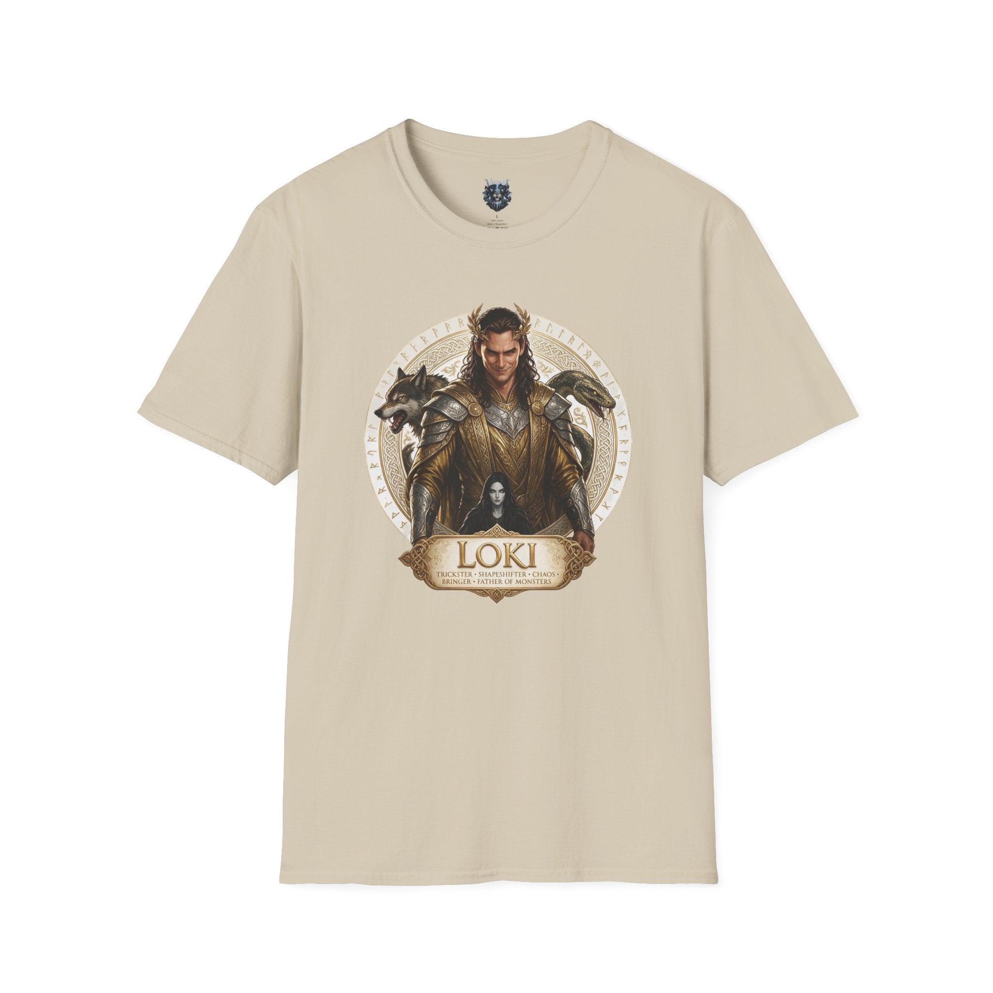 Loki Illustration T‑Shirt — Mythic Norse God Design with Wolves