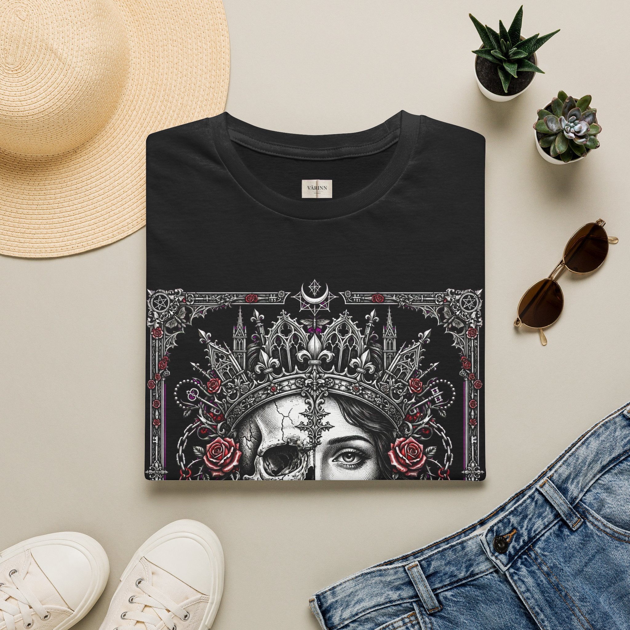 Gothic Queen Skull T-Shirt — Crowned Woman with Roses Graphic